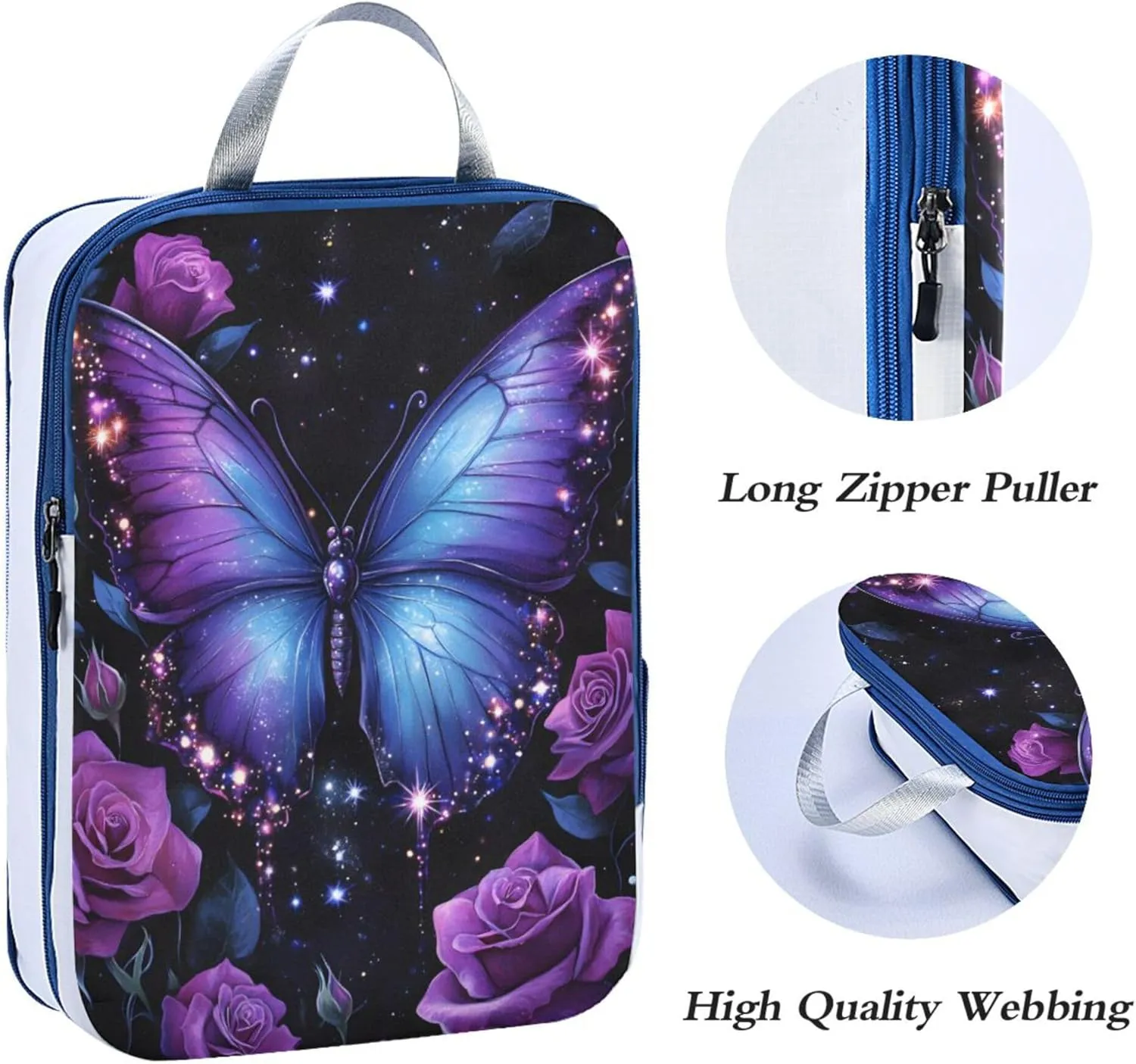 MNSRUU Compression Packing Cubes for Suitcases 3 Set, Butterfly Rose Travel Luggage Organiser Portable Toiletry Storage Bags for Clothes Shoes Home Storage