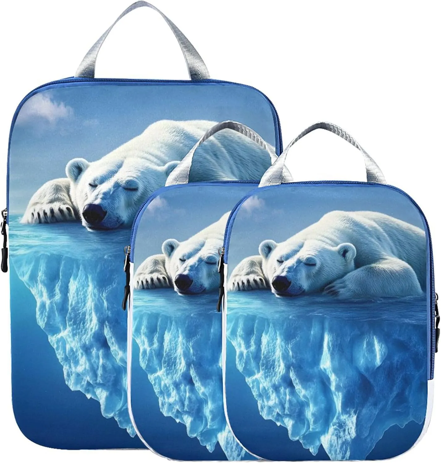 MNSRUU Compression Packing Cubes for Suitcases 3 Set, Polar Bear Glacier Travel Luggage Organiser Portable Toiletry Storage Bags for Clothes Shoes Home Storage