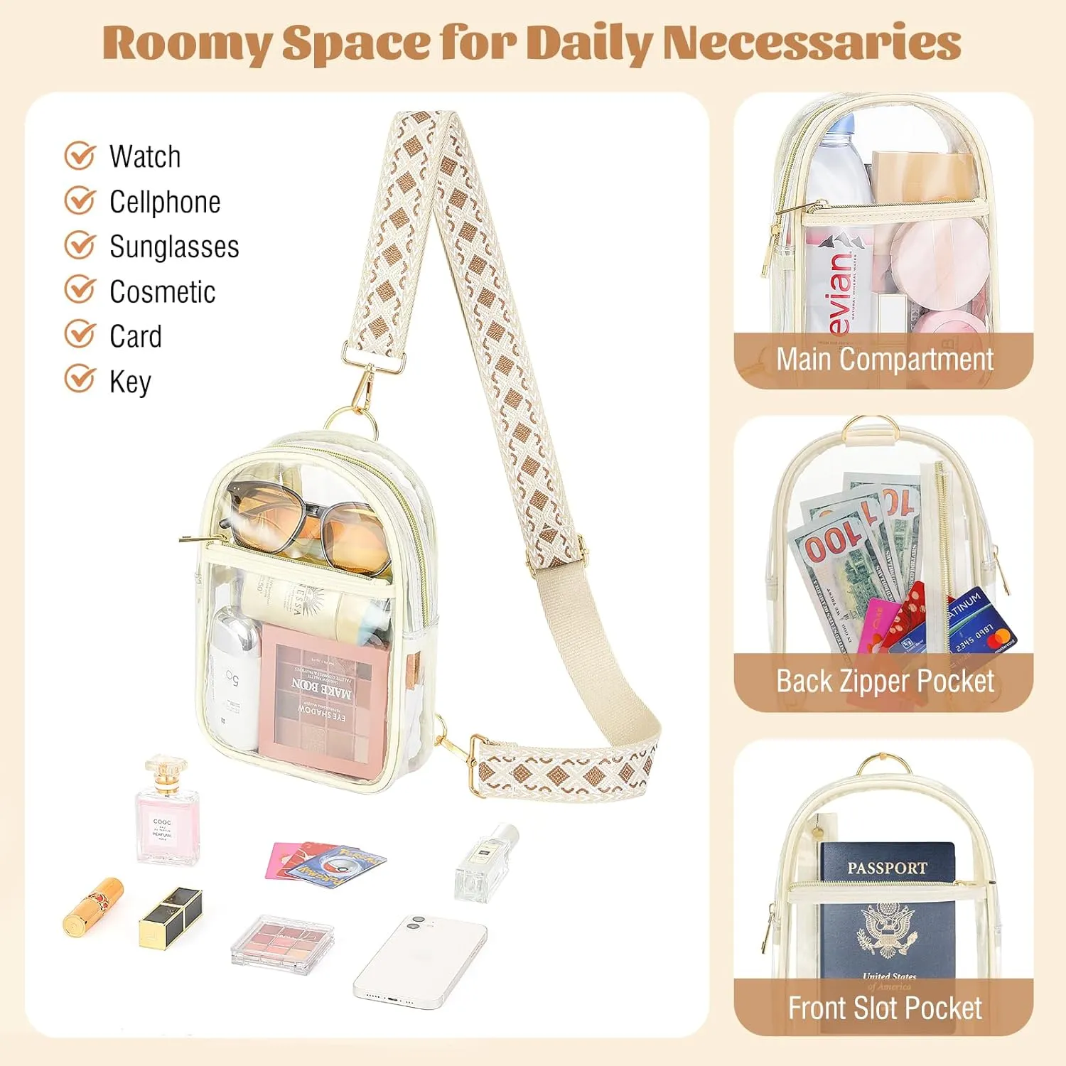 MoKo Clear Bag Stadium Approved - Multi Pockets Clear Sling Purse Crossbody Bag with Adjustable Shoulder Strap