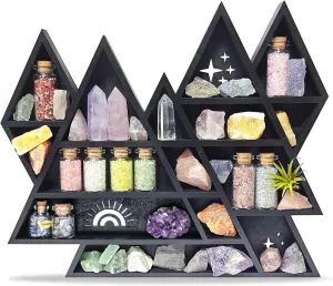 Mountain Crystal Shelf Display for Wall, Wooden Triangle Rock Gem Stone Storage Holder, Meditation Room Decor Spiritual Gift, Wall Hanging Organizer for Trinkets, Knick Knacks, Art Collections