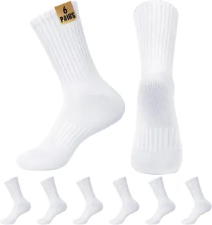 MUQU Mens White Crew Socks - Sports Thin Athletic Breathable Running Long Socks 6 Pairs