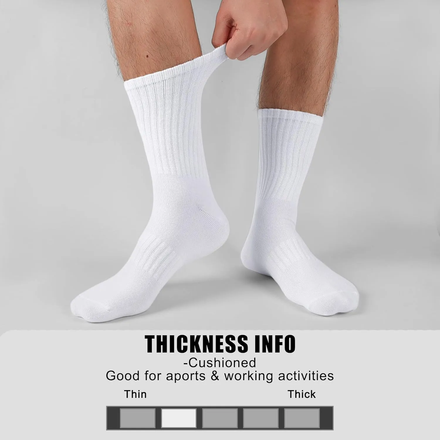 MUQU Mens White Crew Socks - Sports Thin Athletic Breathable Running Long Socks 6 Pairs