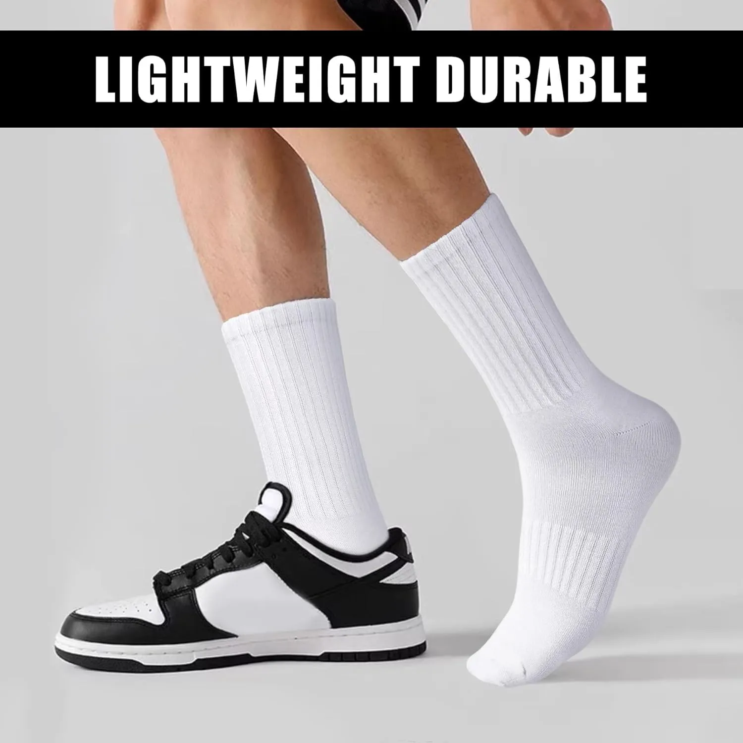 MUQU Mens White Crew Socks - Sports Thin Athletic Breathable Running Long Socks 6 Pairs