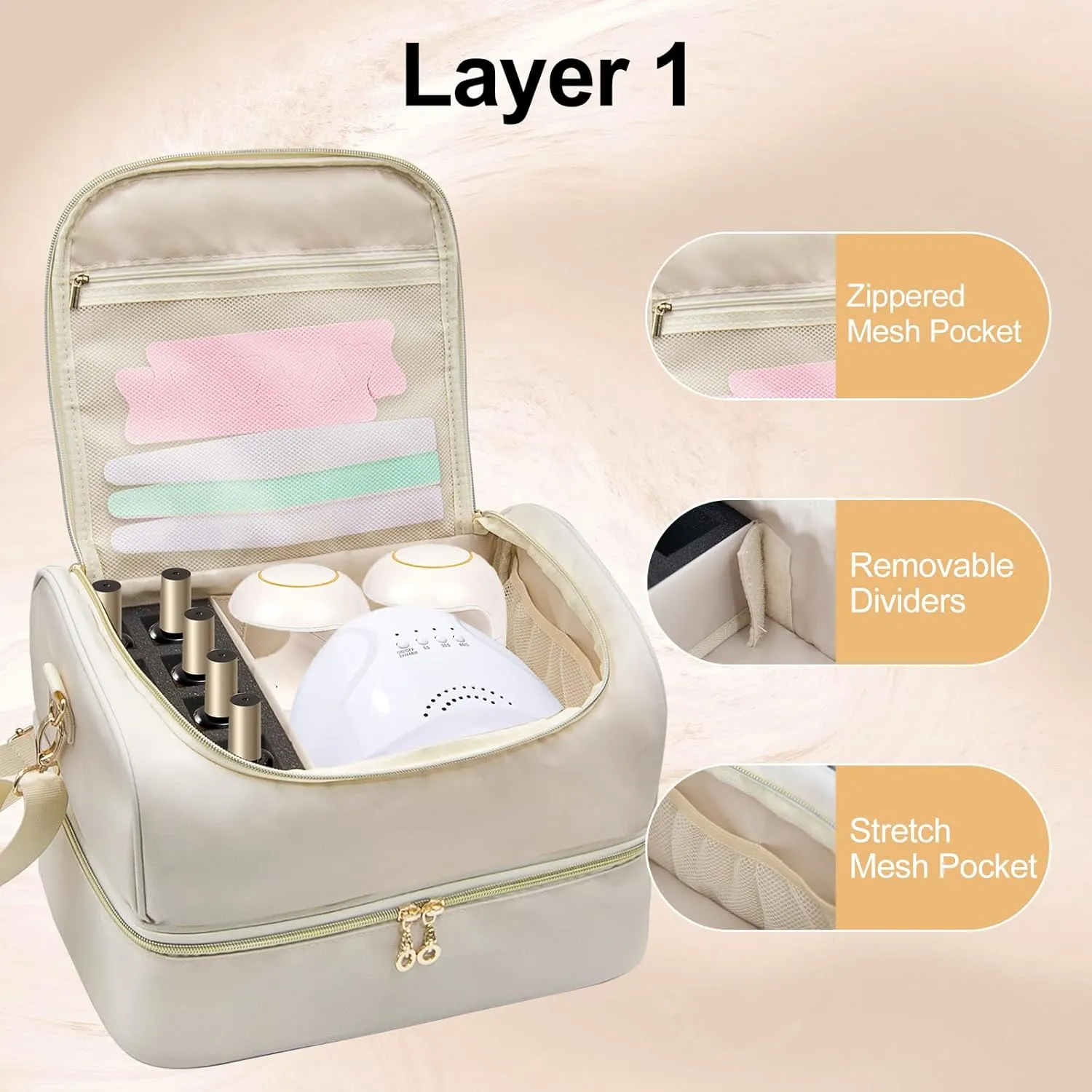 Nail Polish Organizer Case,Double Layer Nail Supplies Organizer Bag Storage Box Holds Up to 45 Bottles of Nail Polish and Nail Lamp