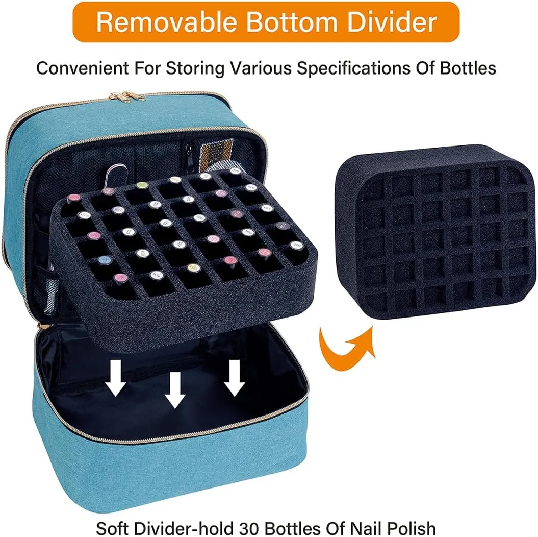 Nail Polish Organizer, Handheld Double Layer Organizer Holds 30 Bottles (15 ml/0.5 floz) with Adjustable Dividers for Nail Polish Small Manicure Lamp Manicure Tools and Travel,Light Green