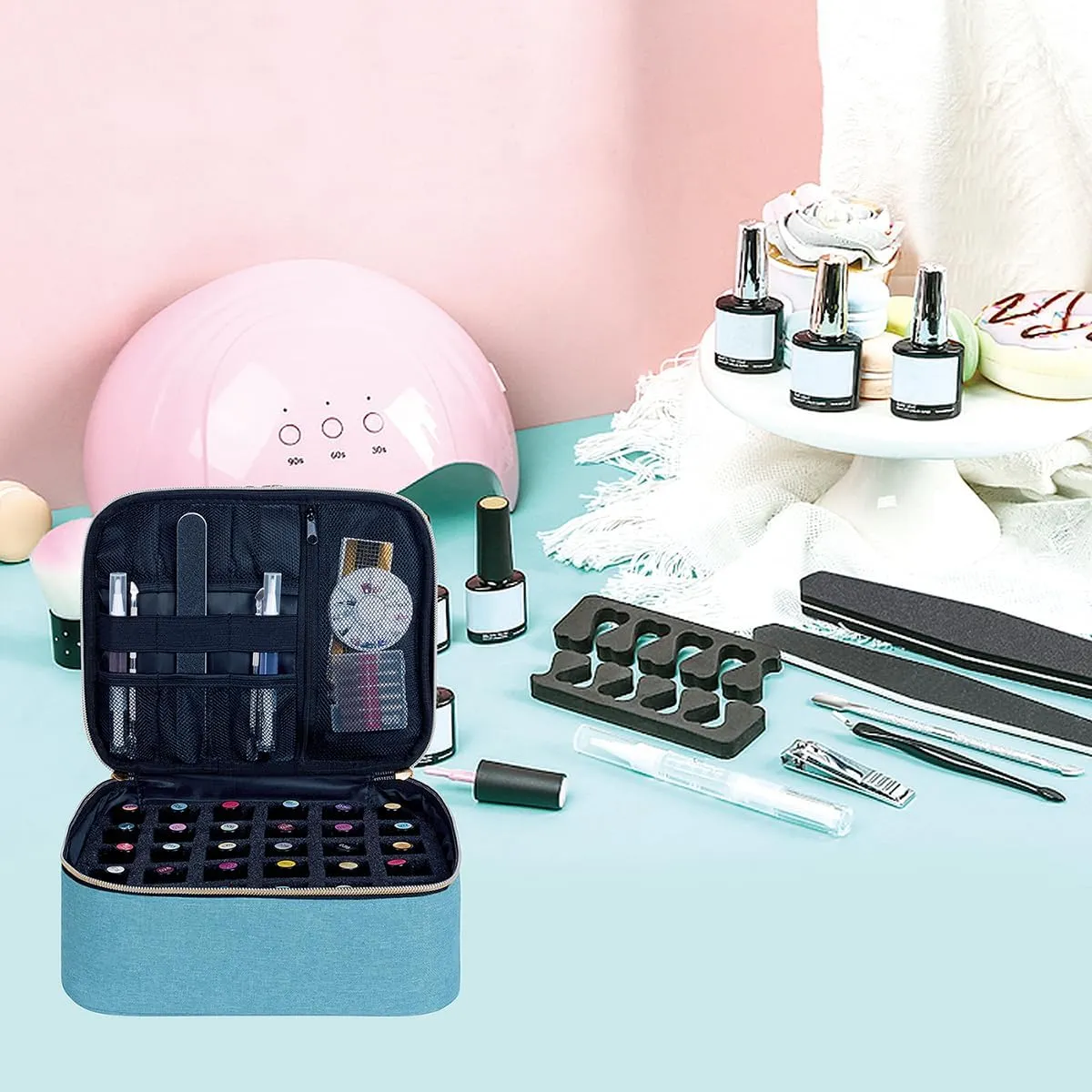 Nail Polish Organizer, Handheld Double Layer Organizer Holds 30 Bottles (15 ml/0.5 floz) with Adjustable Dividers for Nail Polish Small Manicure Lamp Manicure Tools and Travel,Light Green