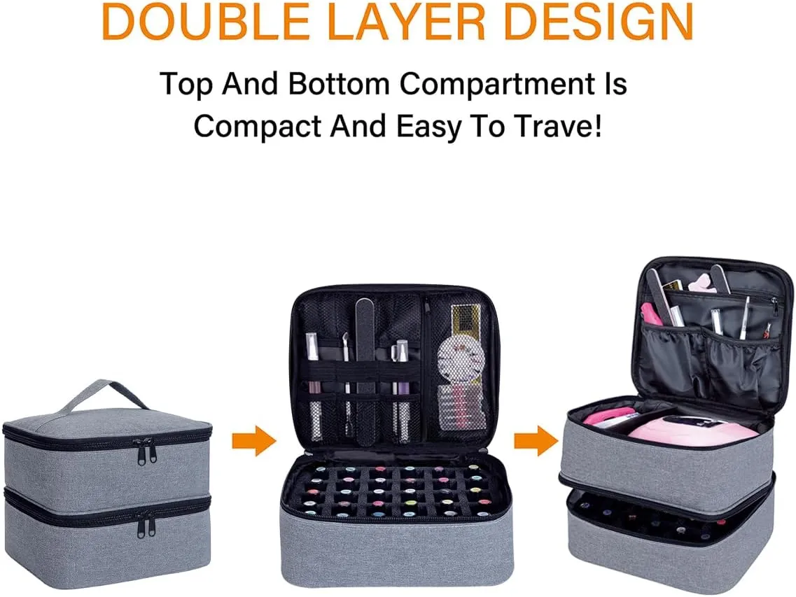Nail Polish Organizer, Handheld Double Layer Organizer Holds 30 Bottles (15 ml/0.5 floz) with Adjustable Dividers for Nail Polish Small Manicure Lamp Manicure Tools Essential and Travel,Gray