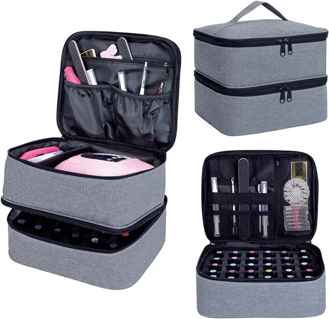 Nail Polish Organizer, Handheld Double Layer Organizer Holds 30 Bottles (15 ml/0.5 floz) with Adjustable Dividers for Nail Polish Small Manicure Lamp Manicure Tools Essential and Travel,Gray