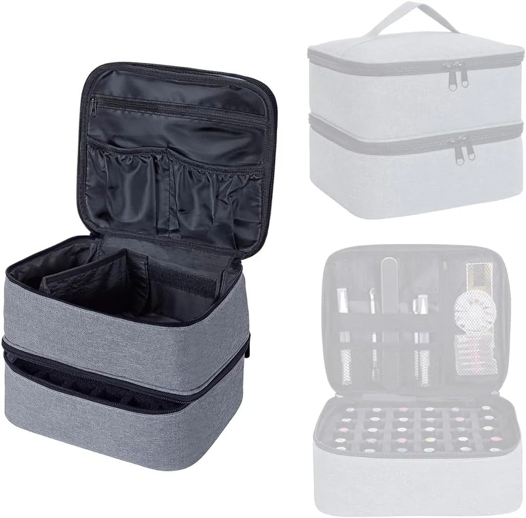Nail Polish Organizer, Handheld Double Layer Organizer Holds 30 Bottles (15 ml/0.5 floz) with Adjustable Dividers for Nail Polish Small Manicure Lamp Manicure Tools Essential and Travel,Gray