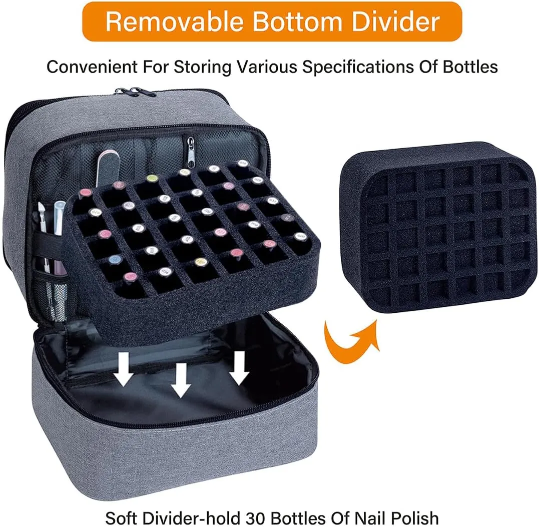 Nail Polish Organizer, Handheld Double Layer Organizer Holds 30 Bottles (15 ml/0.5 floz) with Adjustable Dividers for Nail Polish Small Manicure Lamp Manicure Tools Essential and Travel,Gray