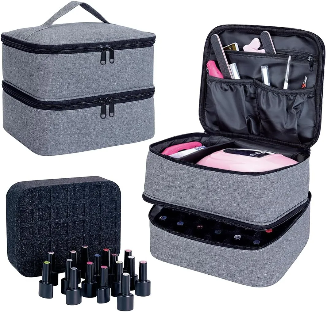 Nail Polish Organizer, Handheld Double Layer Organizer Holds 30 Bottles (15 ml/0.5 floz) with Adjustable Dividers for Nail Polish Small Manicure Lamp Manicure Tools Essential and Travel,Gray