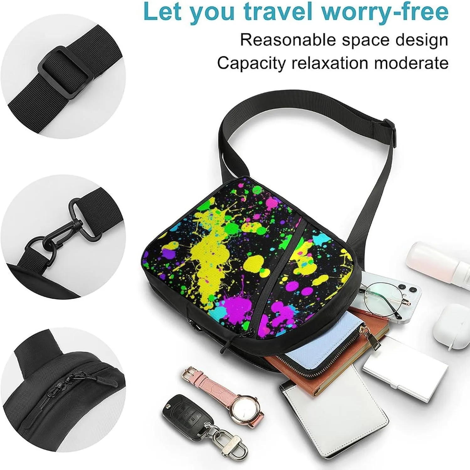 Neon Paint Splatter Folding Chest Bag with Multiple Pockets Lightweight And Durable Design