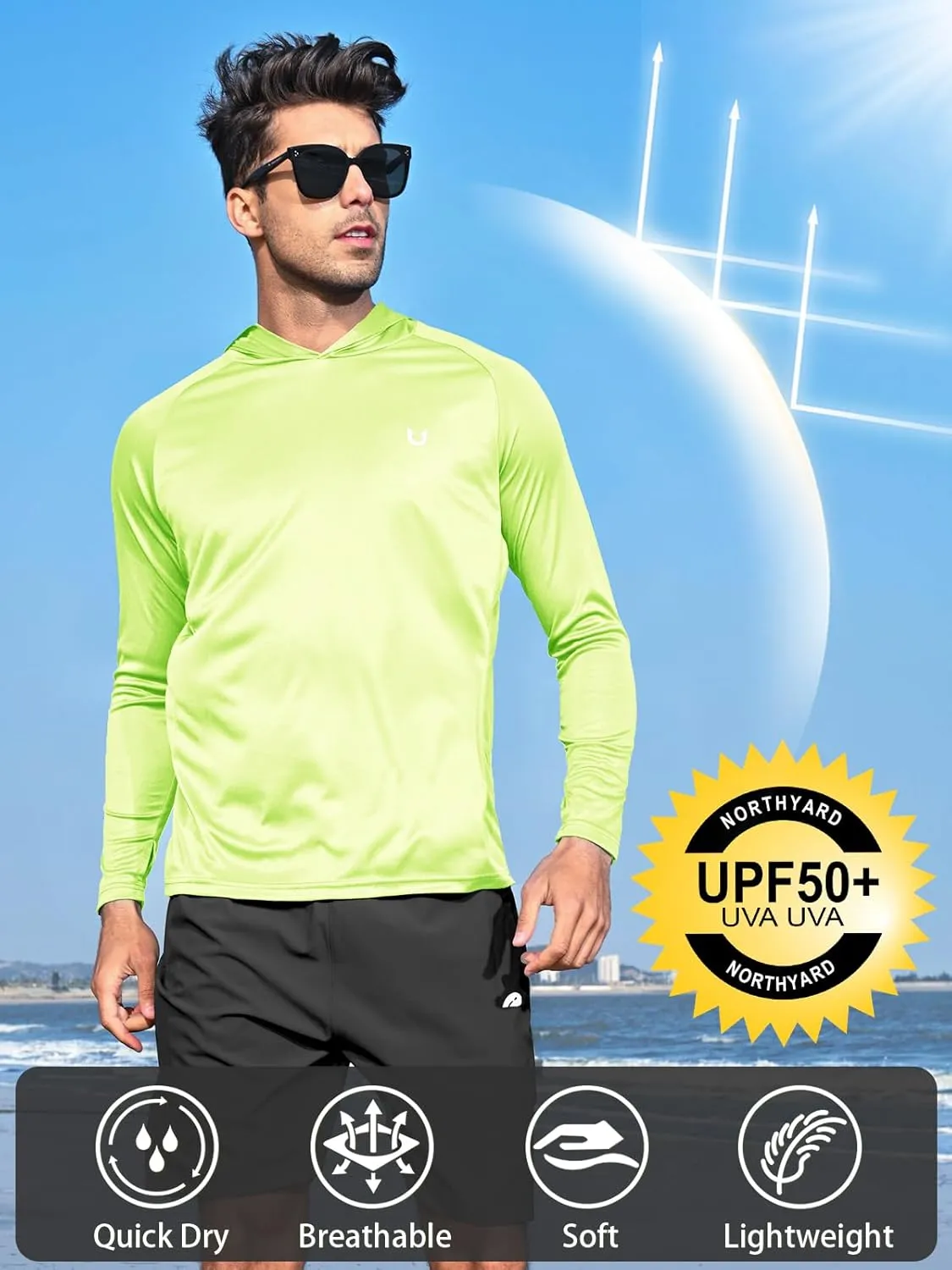 NORTHYARD Men's UPF 50  Hoodie Shirts Long Sleeve Sun Protection Fishing Swim Lightweight UV SPF Running Rash Guard Quick Dry