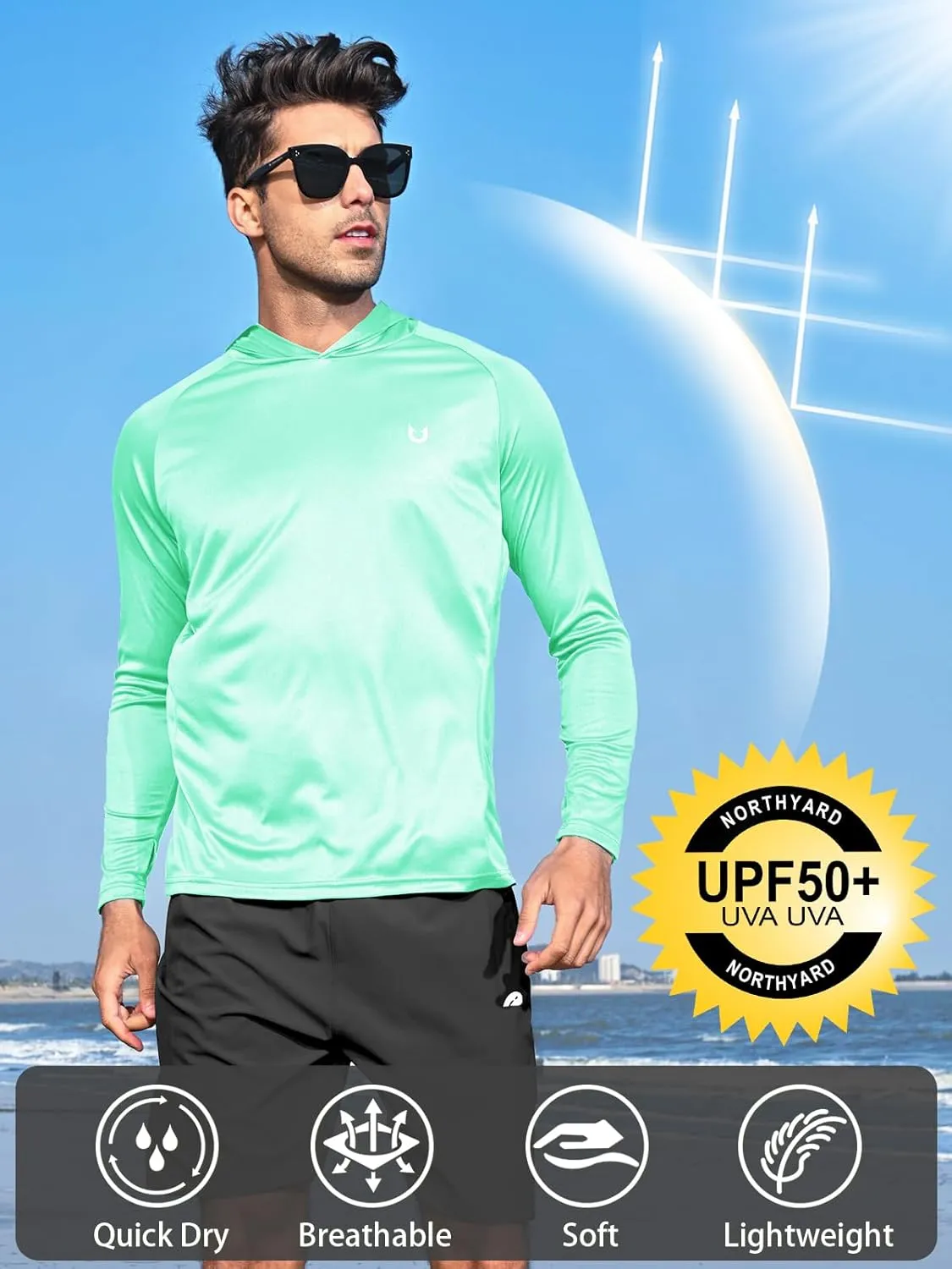 NORTHYARD Men's UPF 50  Hoodie Shirts Long Sleeve Sun Protection Fishing Swim Lightweight UV SPF Running Rash Guard Quick Dry