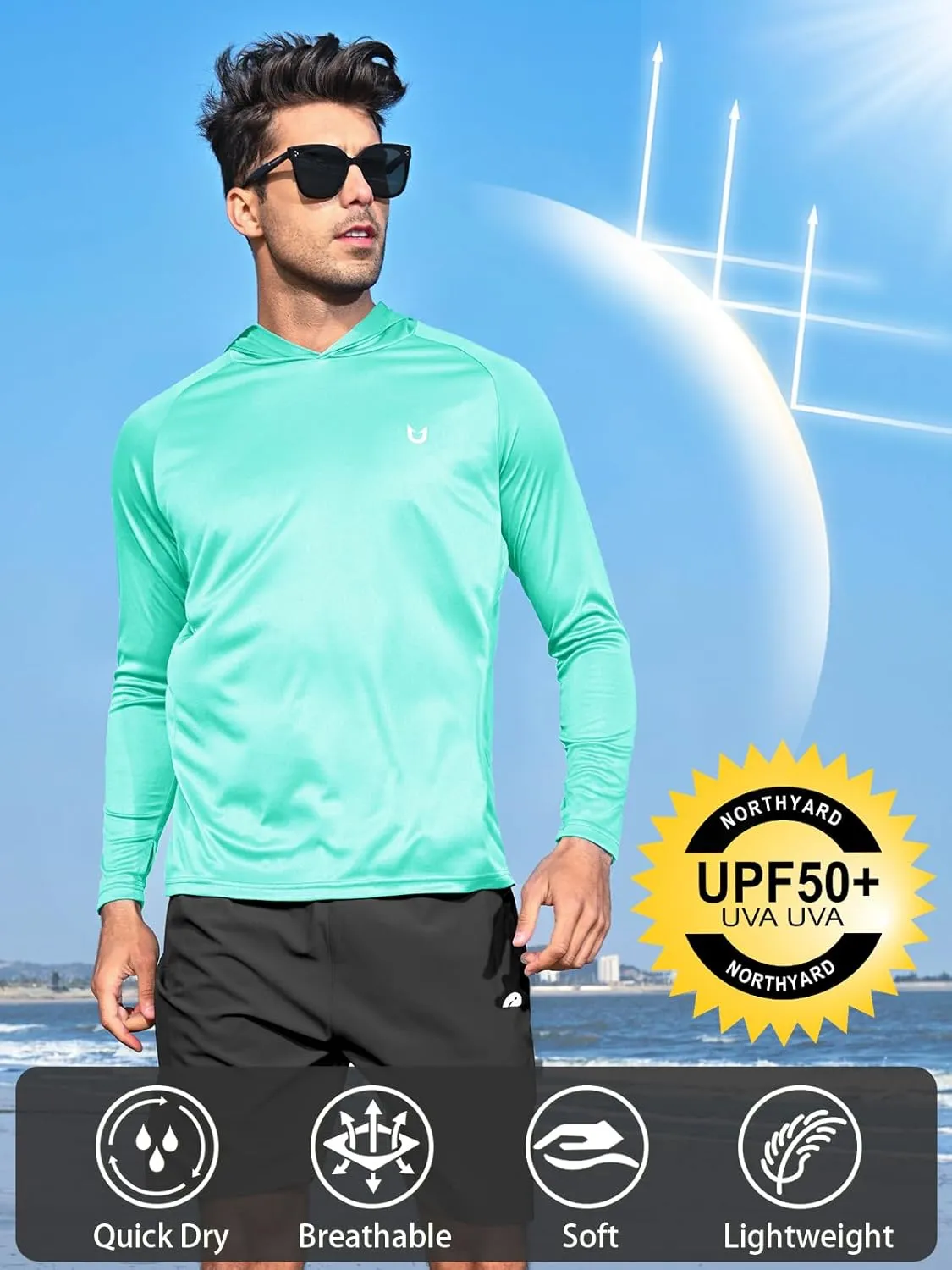 NORTHYARD Men's UPF 50  Hoodie Shirts Long Sleeve Sun Protection Fishing Swim Lightweight UV SPF Running Rash Guard Quick Dry