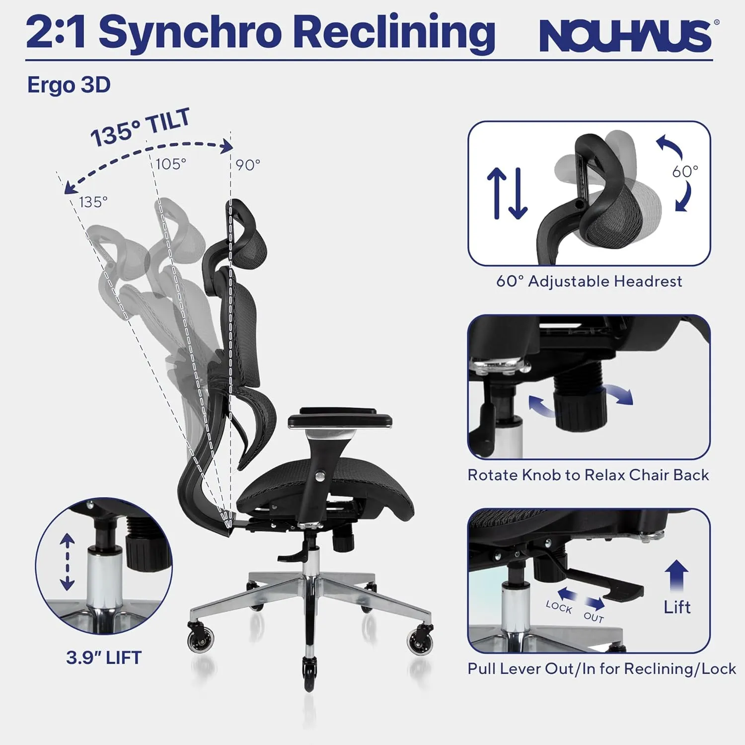 Nouhaus Ergo3D Ergonomic Office Chair Lumbar Support Mesh Office Chair with 4D Adjustable Armrest, Adjustable Headrest and Wheels, Mesh High Back Home Office Desk Chairs(Black)