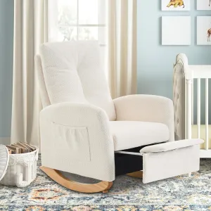 Nursery Rocking Chair with Retractable Foot Rest, Mid Century Rocking Chair with Solid Wood Legs, High Back, Glider Rocker Accent Armchair for Living Room