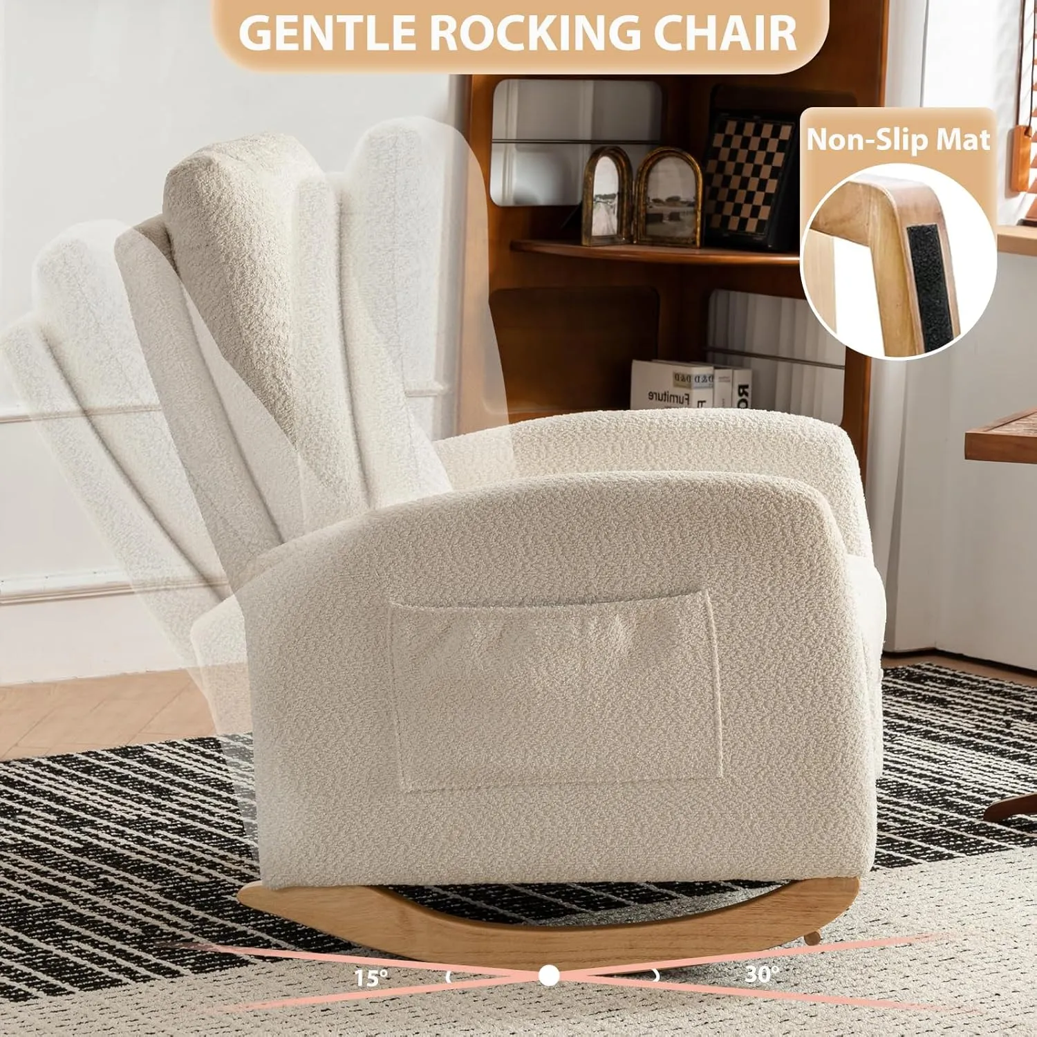 Nursery Rocking Chair with Retractable Foot Rest, Mid Century Rocking Chair with Solid Wood Legs, High Back, Glider Rocker Accent Armchair for Living Room