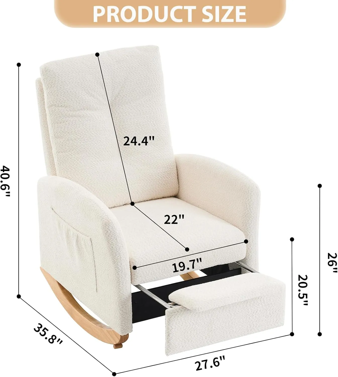 Nursery Rocking Chair with Retractable Foot Rest, Mid Century Rocking Chair with Solid Wood Legs, High Back, Glider Rocker Accent Armchair for Living Room