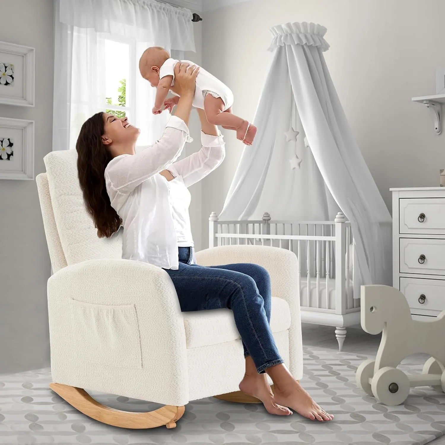 Nursery Rocking Chair with Retractable Foot Rest, Mid Century Rocking Chair with Solid Wood Legs, High Back, Glider Rocker Accent Armchair for Living Room
