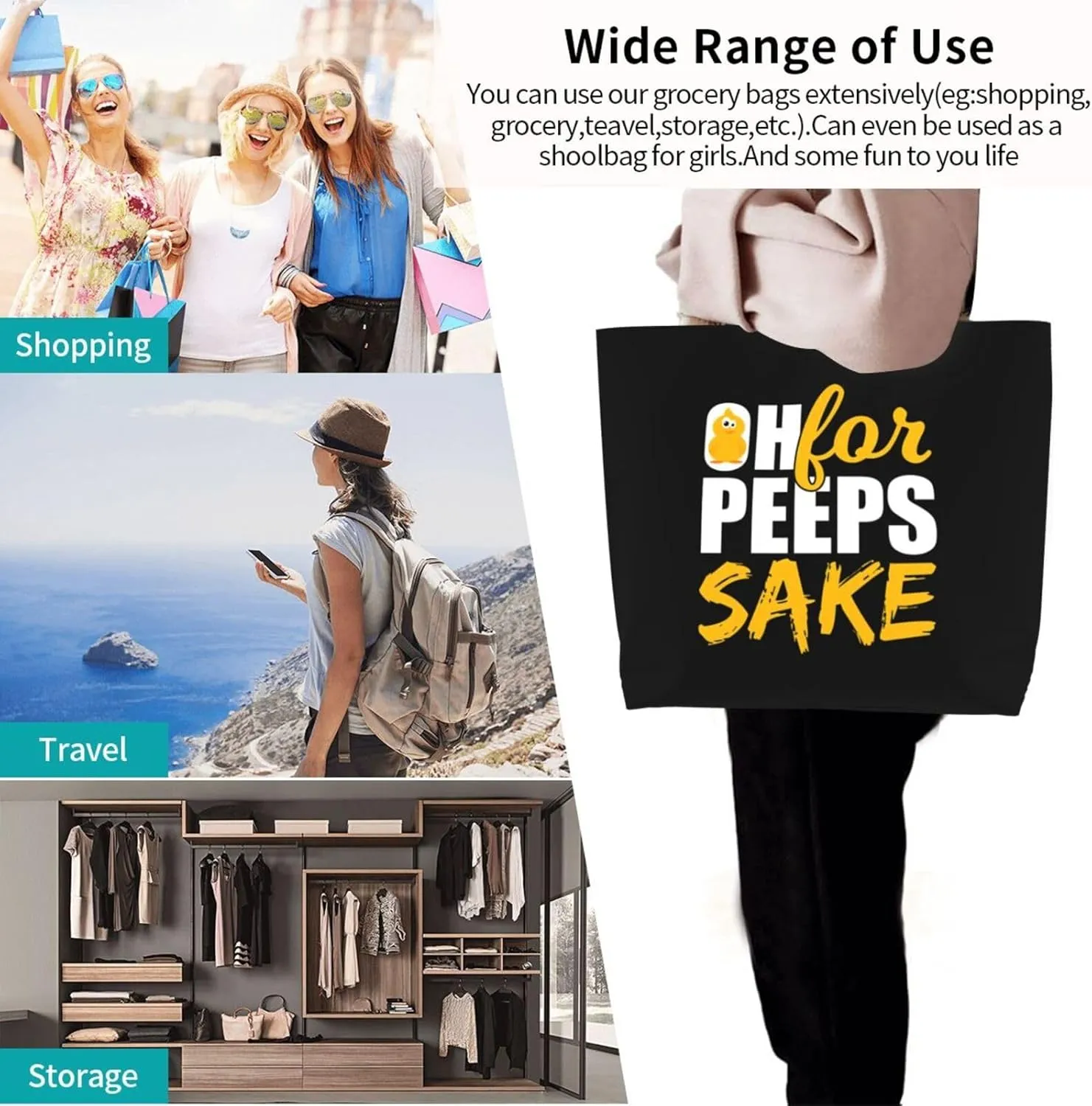 Oh for Peeps Sake Easter Women's Lightweight Canvas Handbag Waterproof Reusable Shopping Bag