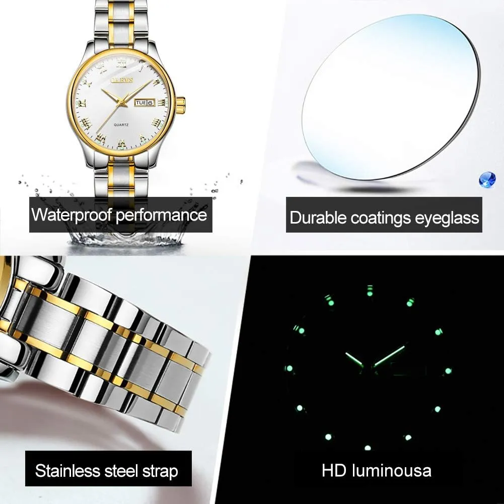 OLEVS Classic Watches for Women Analog Quartz Watch Stainless Steel Rugged Waterproof Watches Roman Numeral Unique Calendar Date Business Wrist Watch