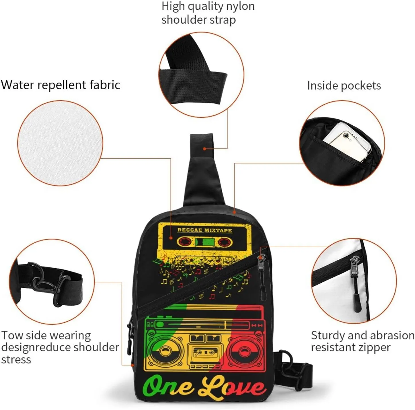 One Loves Jamaican Rasta Reggae Mixtape Music Portable Sling Bags Packable Crossbody Bag Foldable Sport Daypack Reusable Shoulder Backpack Diagonally Chest Bag for Workout Travel