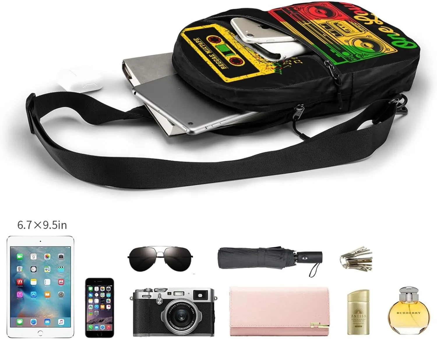 One Loves Jamaican Rasta Reggae Mixtape Music Portable Sling Bags Packable Crossbody Bag Foldable Sport Daypack Reusable Shoulder Backpack Diagonally Chest Bag for Workout Travel