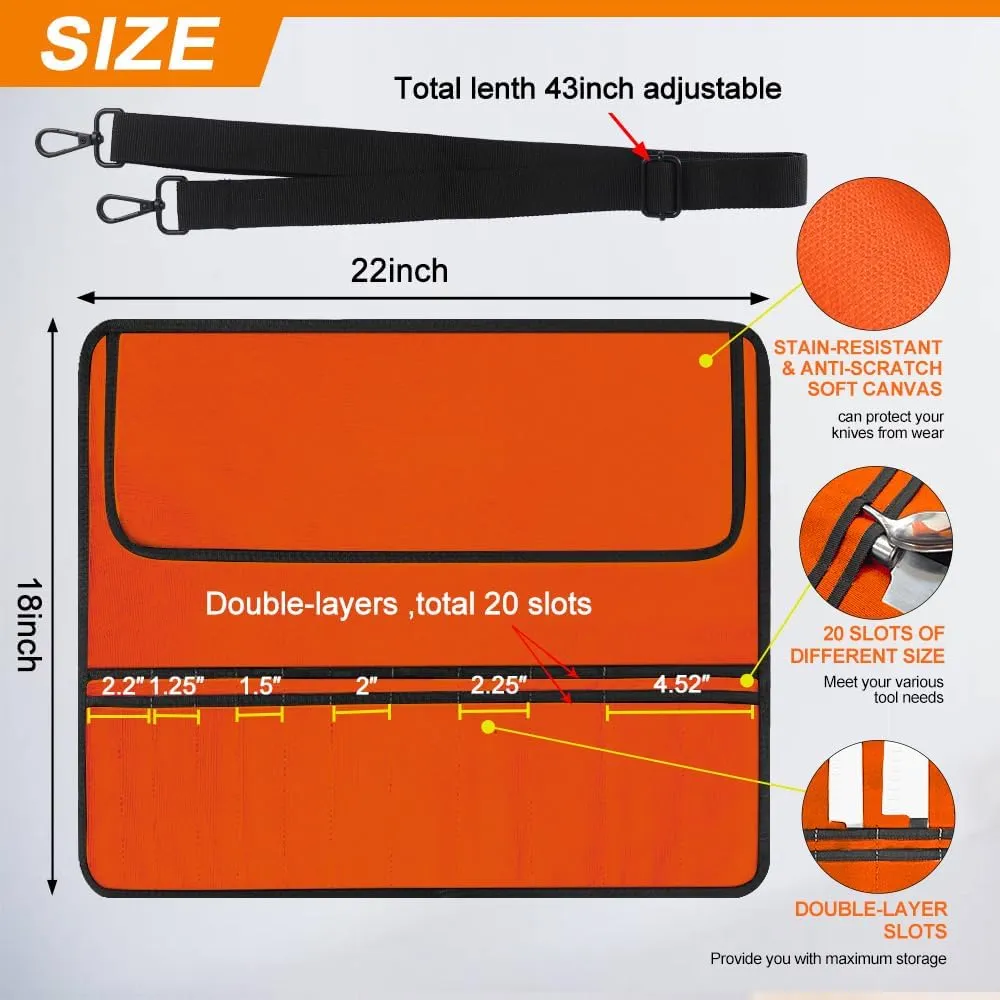 Orange Chef Knife Bag With 20 Slots Cutlery Knives Holders Protectors, Home Kitchen Travel Cooking Tools, Portable Canvas Knife Roll Storage Bag Chef Case for Camping or Working