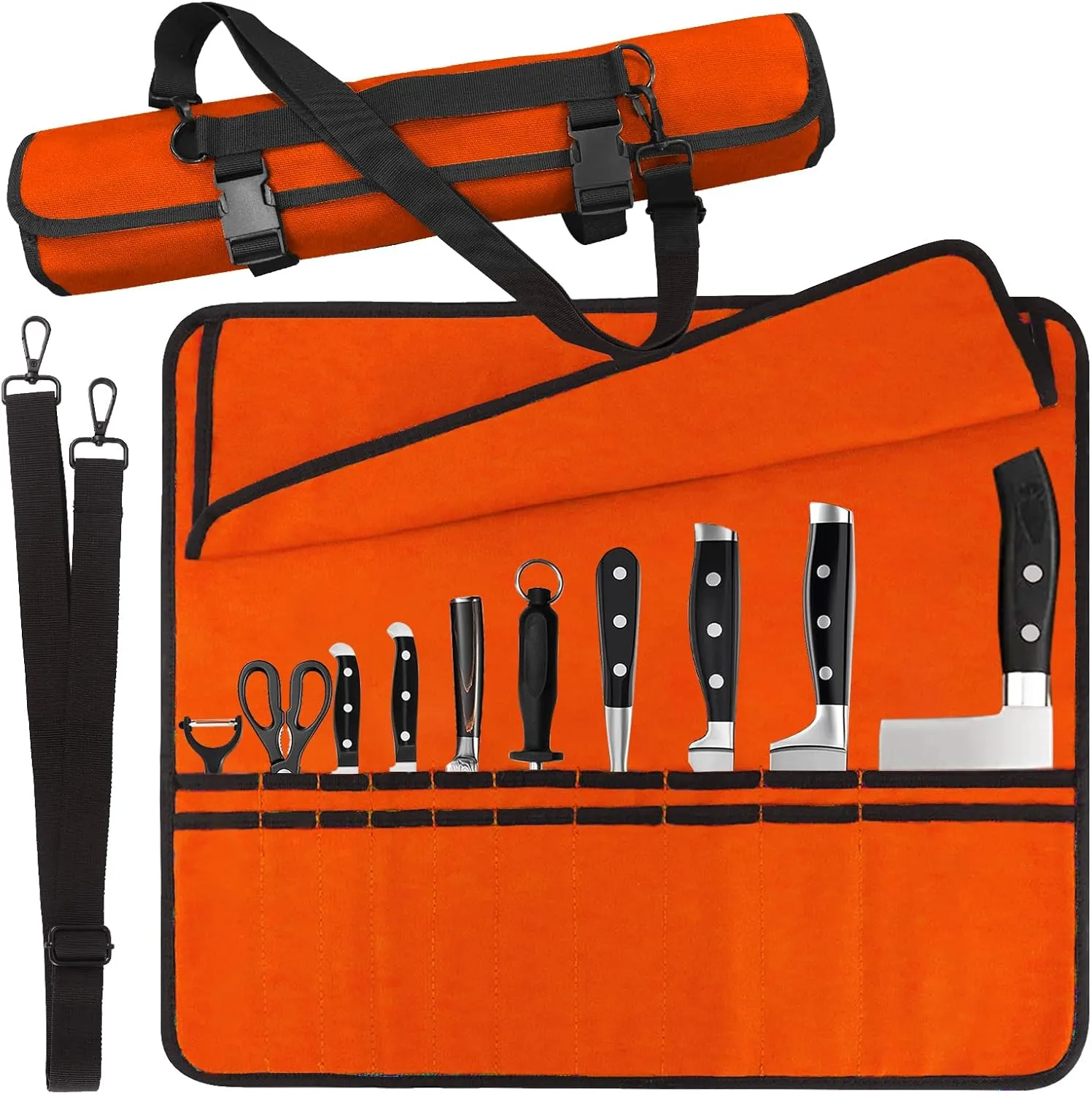 Orange Chef Knife Bag With 20 Slots Cutlery Knives Holders Protectors, Home Kitchen Travel Cooking Tools, Portable Canvas Knife Roll Storage Bag Chef Case for Camping or Working