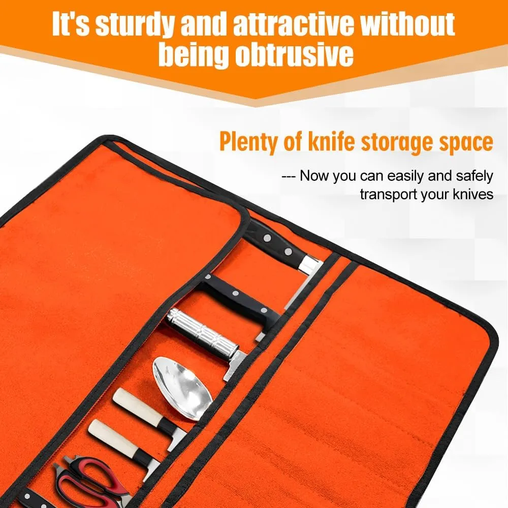 Orange Chef Knife Bag With 20 Slots Cutlery Knives Holders Protectors, Home Kitchen Travel Cooking Tools, Portable Canvas Knife Roll Storage Bag Chef Case for Camping or Working