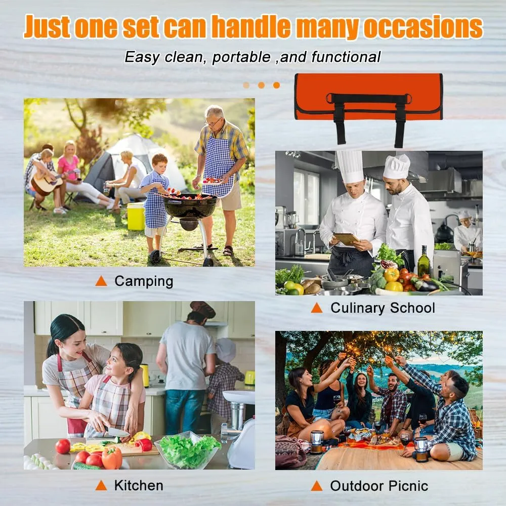 Orange Chef Knife Bag With 20 Slots Cutlery Knives Holders Protectors, Home Kitchen Travel Cooking Tools, Portable Canvas Knife Roll Storage Bag Chef Case for Camping or Working