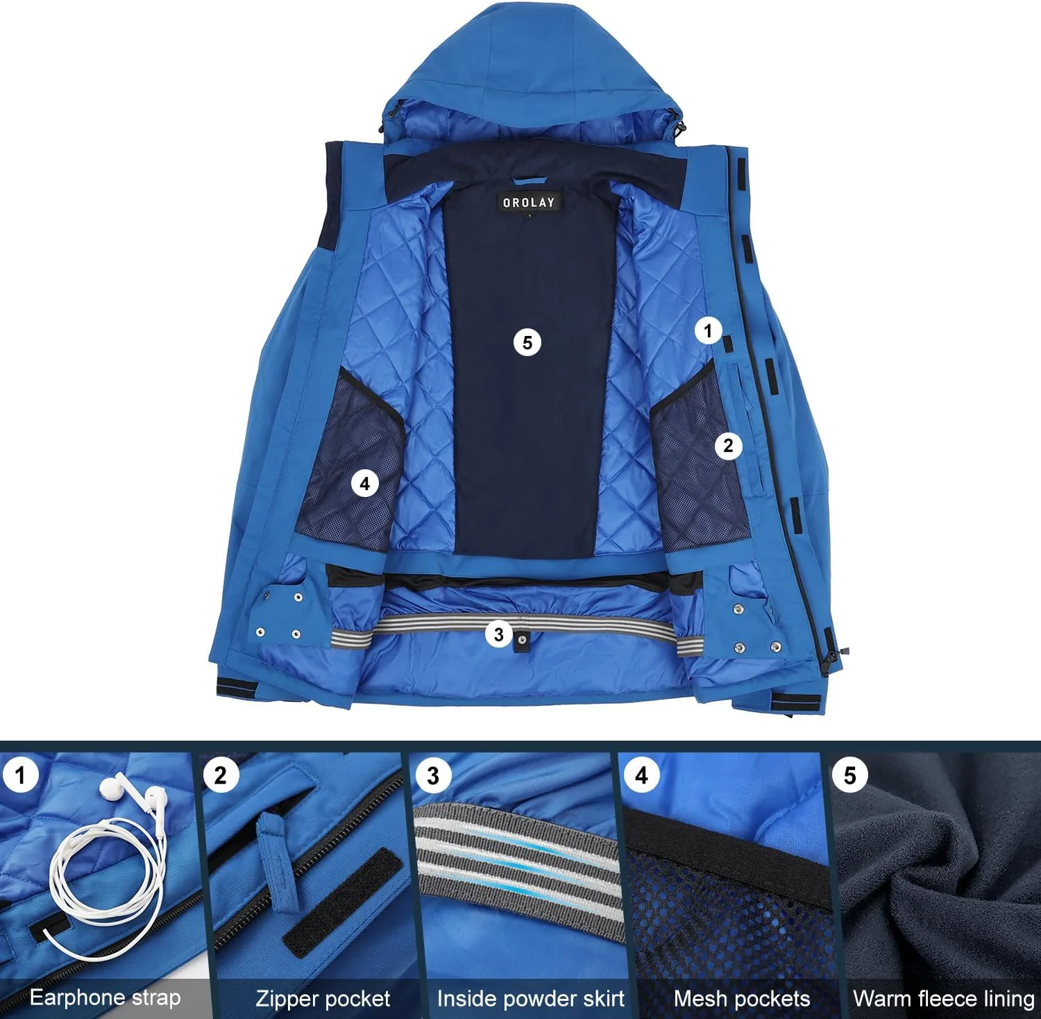 Orolay Men's Mountain Waterproof Ski Jacket Windproof Rain Jacket Winter Warm Snow Coat