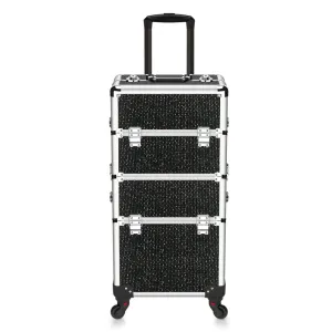 OUDMAY Makeup Case - 2 In 1 Aluminum Professional Rolling Cosmetics Storage Organizer With Locks and Folding Trays Black Diamond