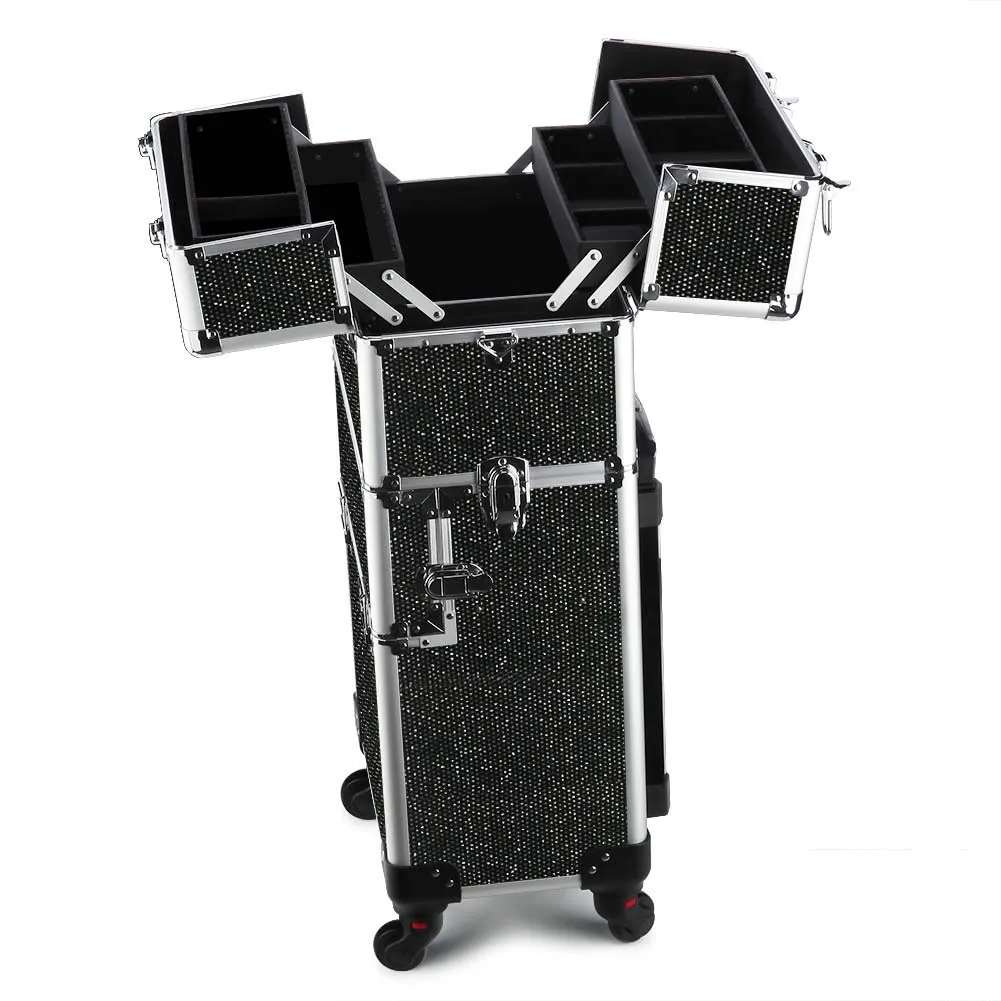 OUDMAY Makeup Case - 2 In 1 Aluminum Professional Rolling Cosmetics Storage Organizer With Locks and Folding Trays Black Diamond