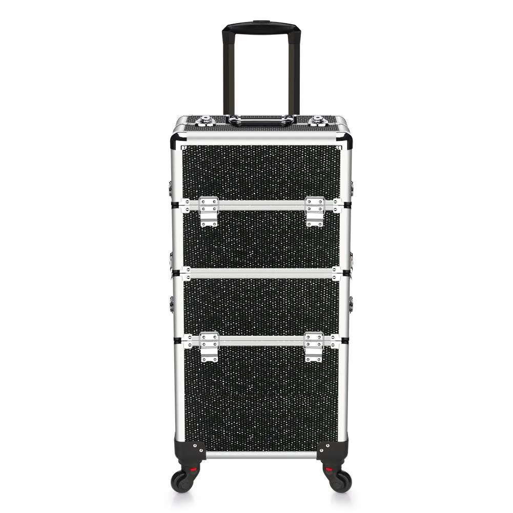 OUDMAY Makeup Case - 2 In 1 Aluminum Professional Rolling Cosmetics Storage Organizer With Locks and Folding Trays Black Diamond