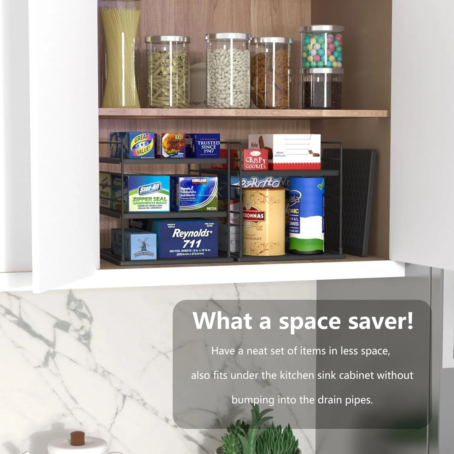 Pantry Organizer- Divided Compartment Holder for Aluminum Foil, Wraps & Baggie Boxes, Upgraded Shelf Storage