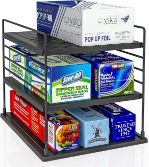 Pantry Organizer- Divided Compartment Holder for Aluminum Foil, Wraps & Baggie Boxes, Upgraded Shelf Storage