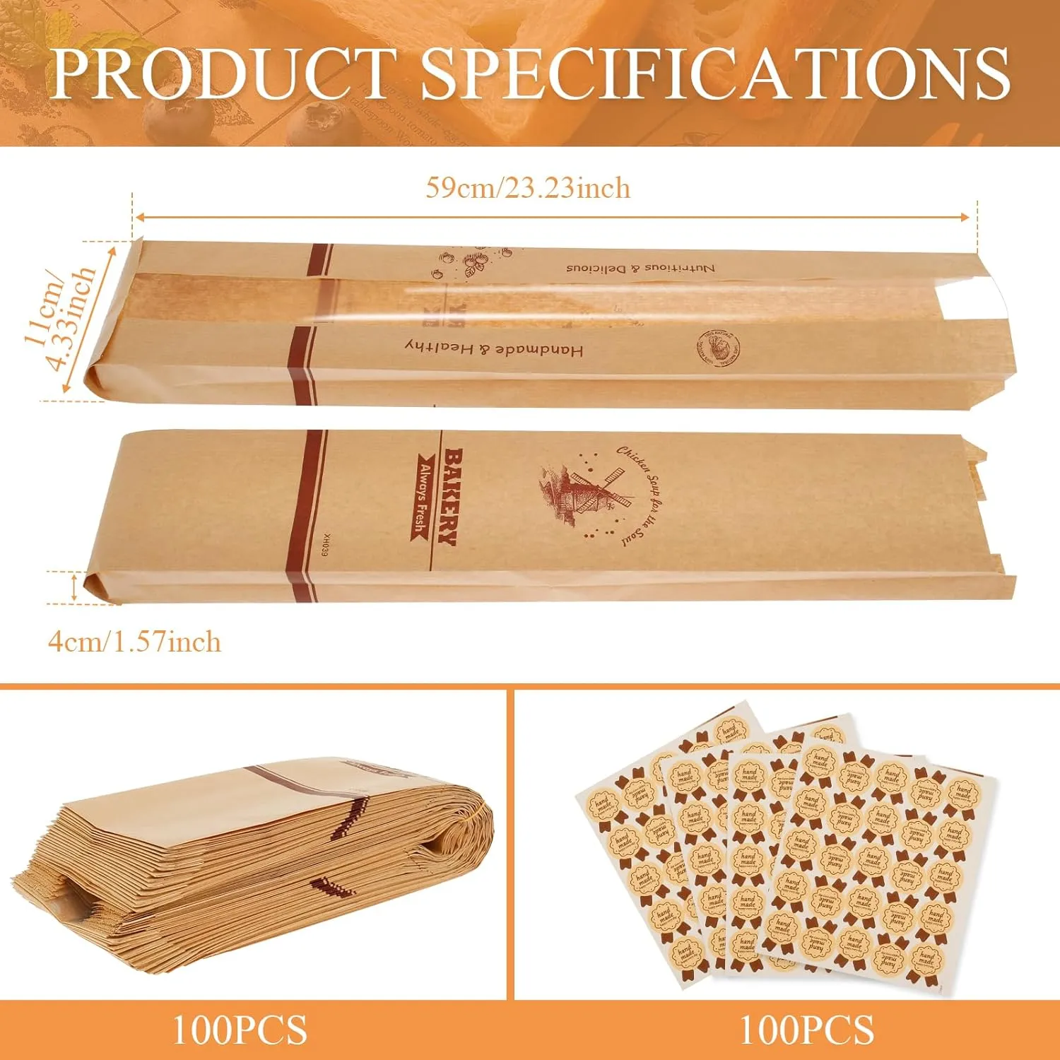 Paper Bread Bags for Homemade Bread, Vellum French Bread Bags with Window, 23.2 × 4.3 × 1.6 In Homemade Bread Storage Bags with Sealing Stickers Visible Bread Bags for Bread Storage (Windmill)