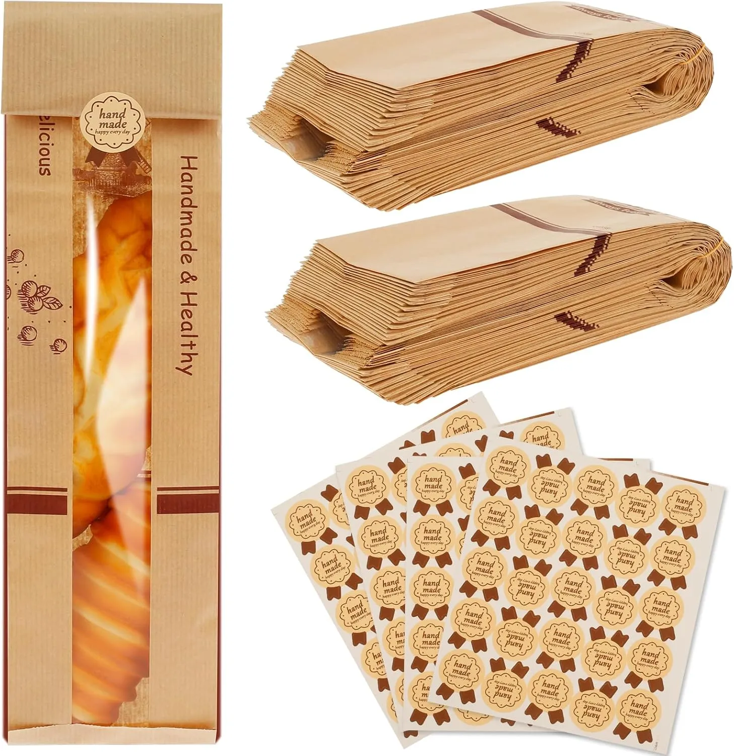 Paper Bread Bags for Homemade Bread, Vellum French Bread Bags with Window, 23.2 × 4.3 × 1.6 In Homemade Bread Storage Bags with Sealing Stickers Visible Bread Bags for Bread Storage (Windmill)