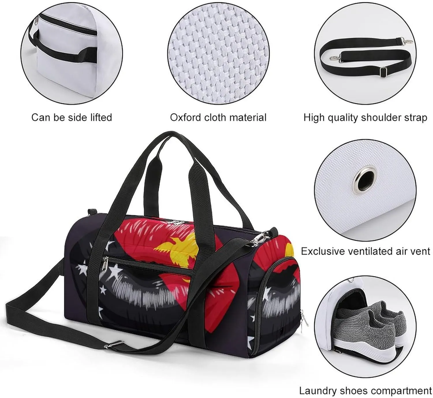 Papua New Guinea Flag Lips Duffel Bag for Men Women with Shoe Compartment Lightweight Gym Bag