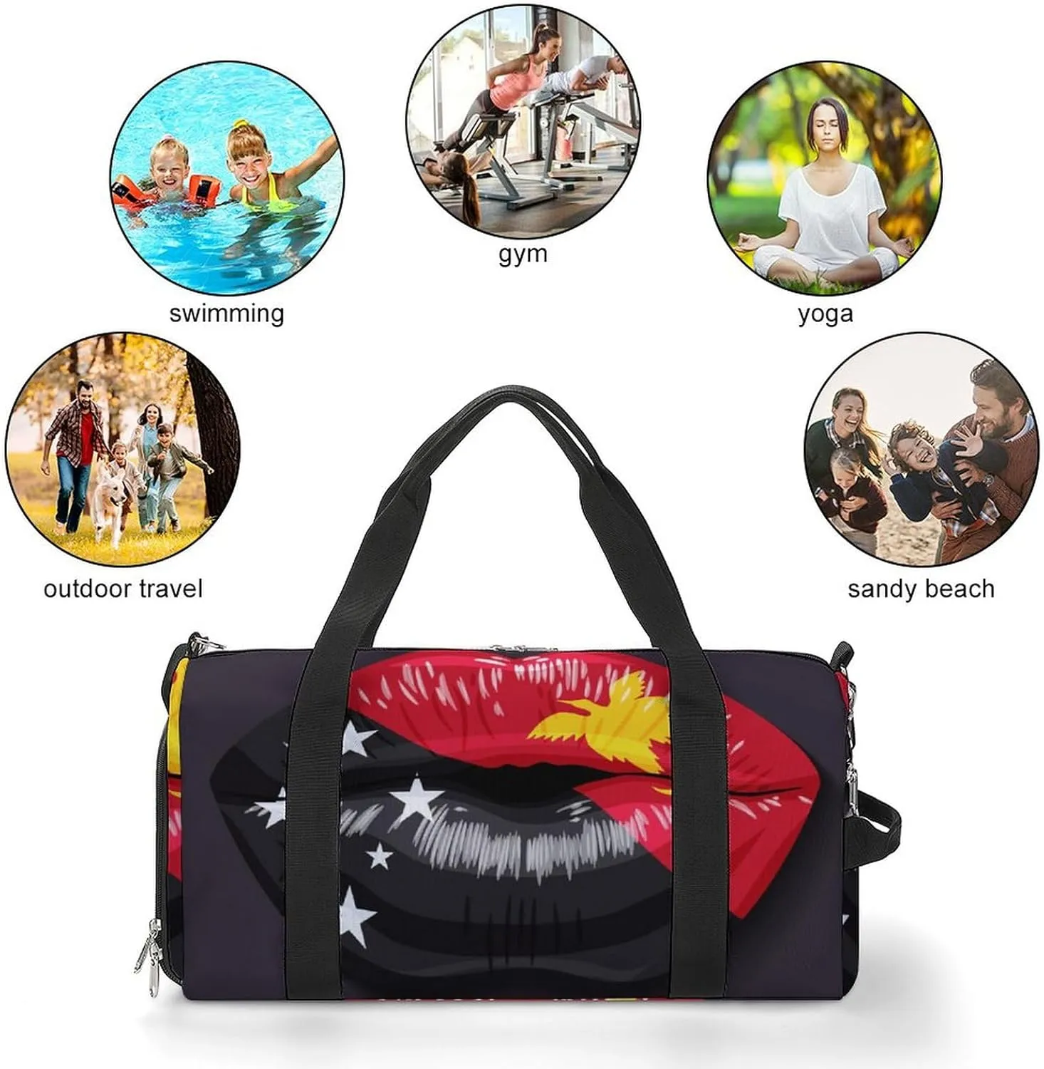 Papua New Guinea Flag Lips Duffel Bag for Men Women with Shoe Compartment Lightweight Gym Bag