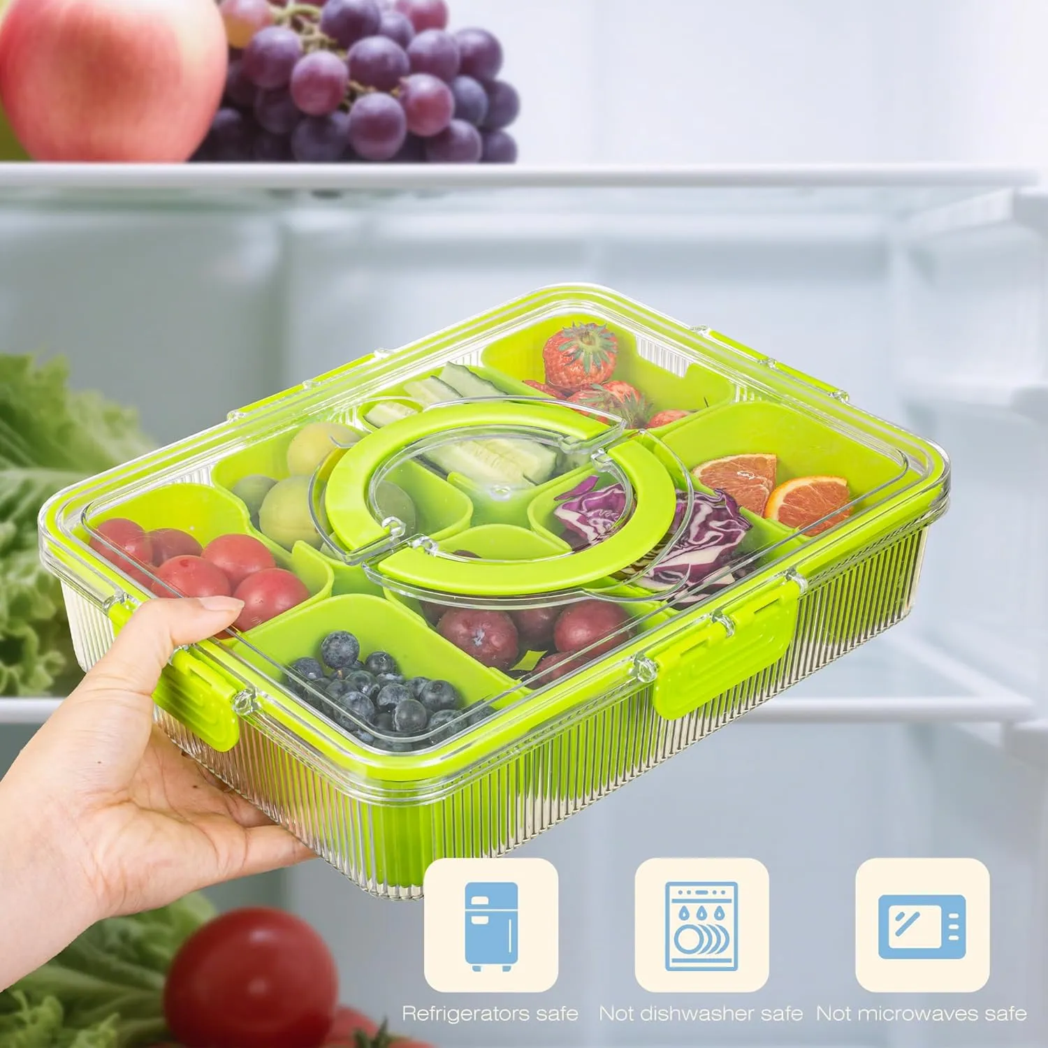 Patent Design Ribbed Snackle Box Container Divided Serving Tray with Lid and Handle -Charcuterie Container Portable Storage Organizer for Candy, Fruit, Beach, Picnics（1 pcs, Lake blue）