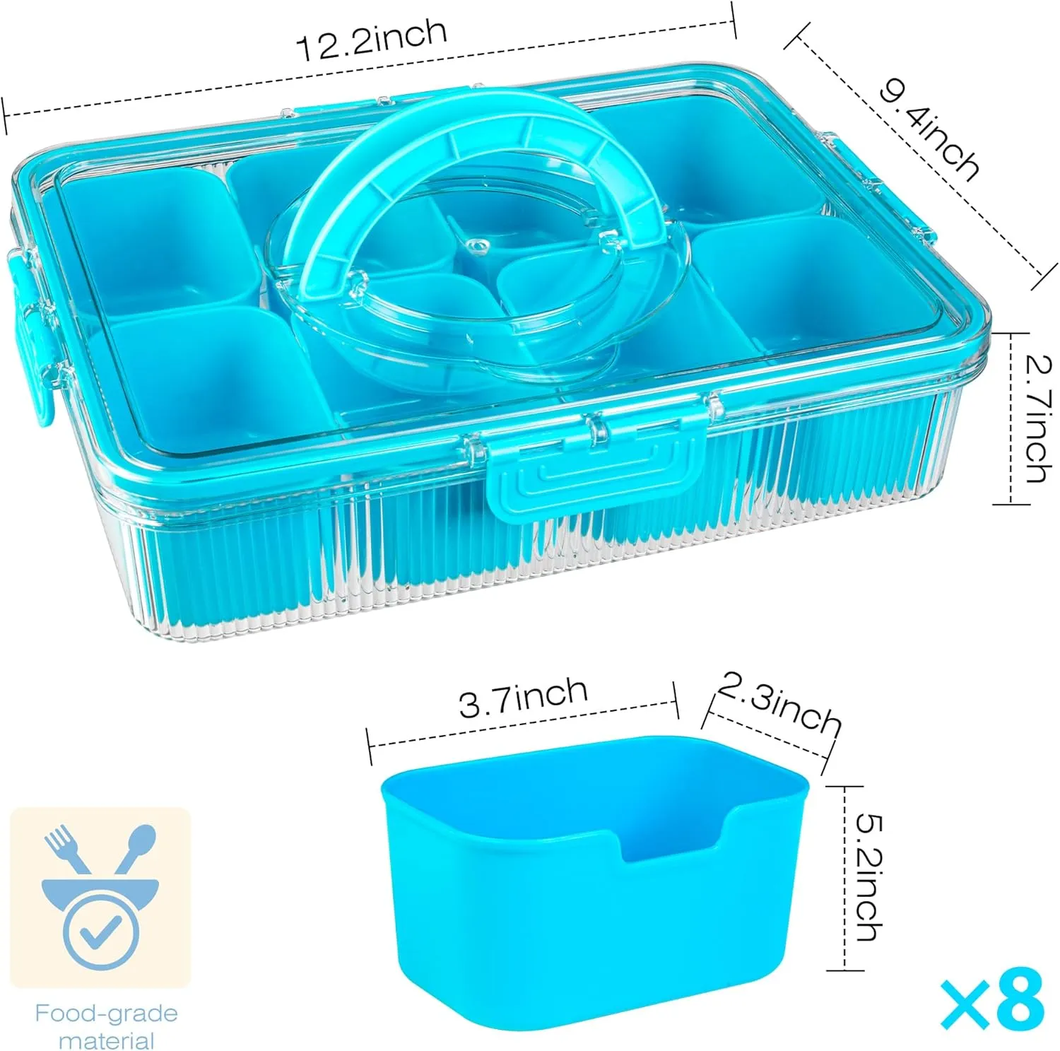 Patent Design Ribbed Snackle Box Container Divided Serving Tray with Lid and Handle -Charcuterie Container Portable Storage Organizer for Candy, Fruit, Beach, Picnics（1 pcs, Lake blue）