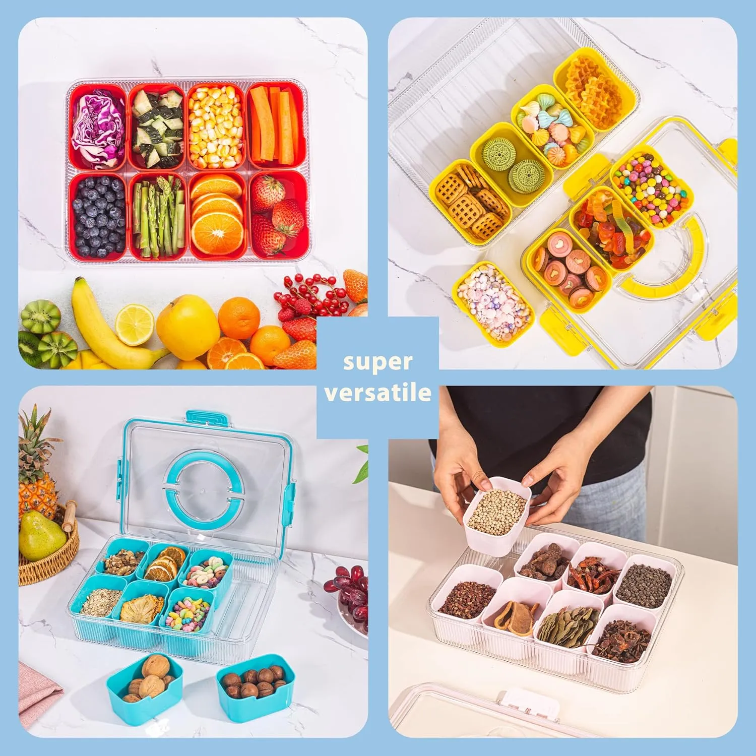 Patent Design Ribbed Snackle Box Container Divided Serving Tray with Lid and Handle -Charcuterie Container Portable Storage Organizer for Candy, Fruit, Beach, Picnics（1 pcs, Lake blue）