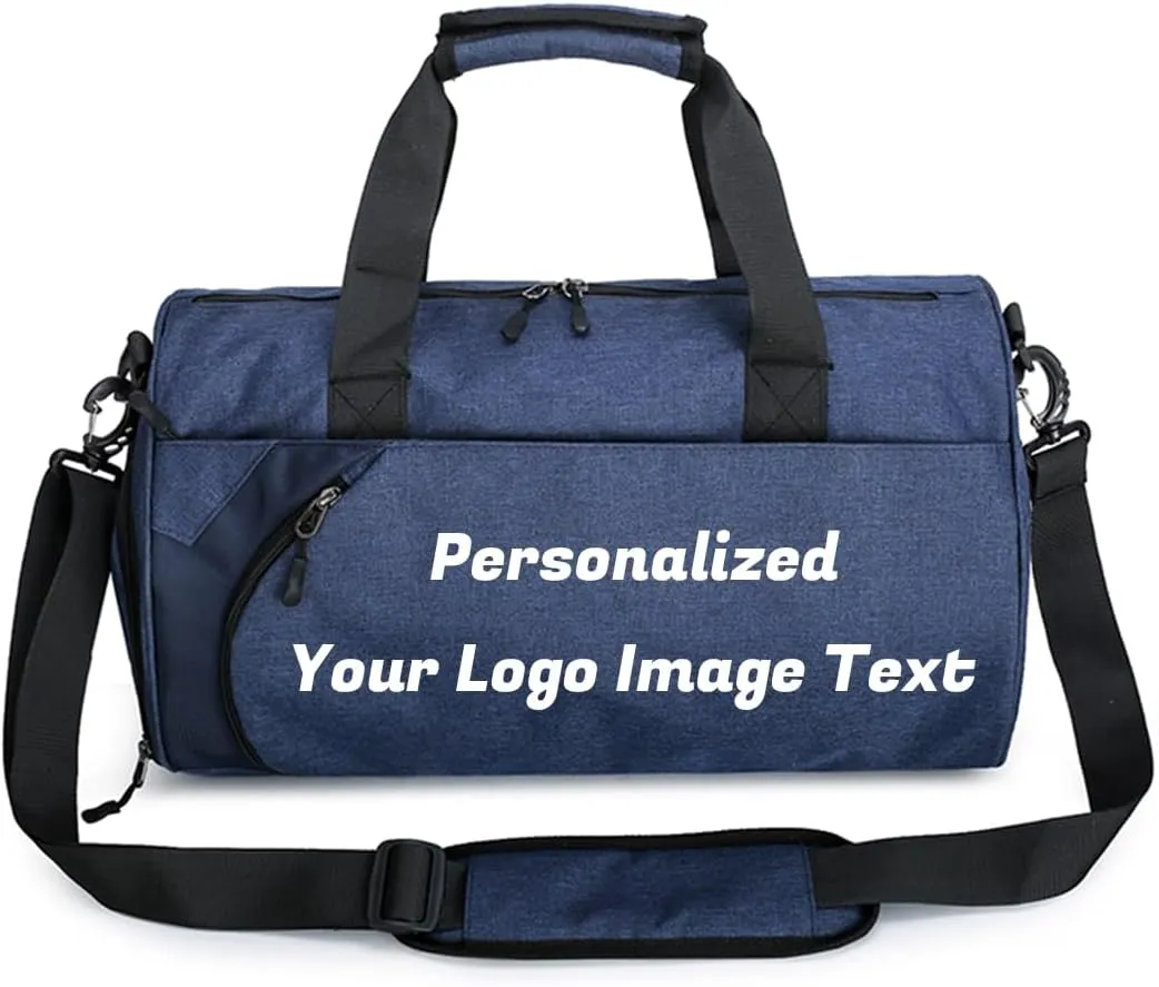 Personalized Duffle Bag for Women Men with Shoes Compartment Dry and Wet Space Individual Custom Gym Bags with Picture Text (Blue, Large)