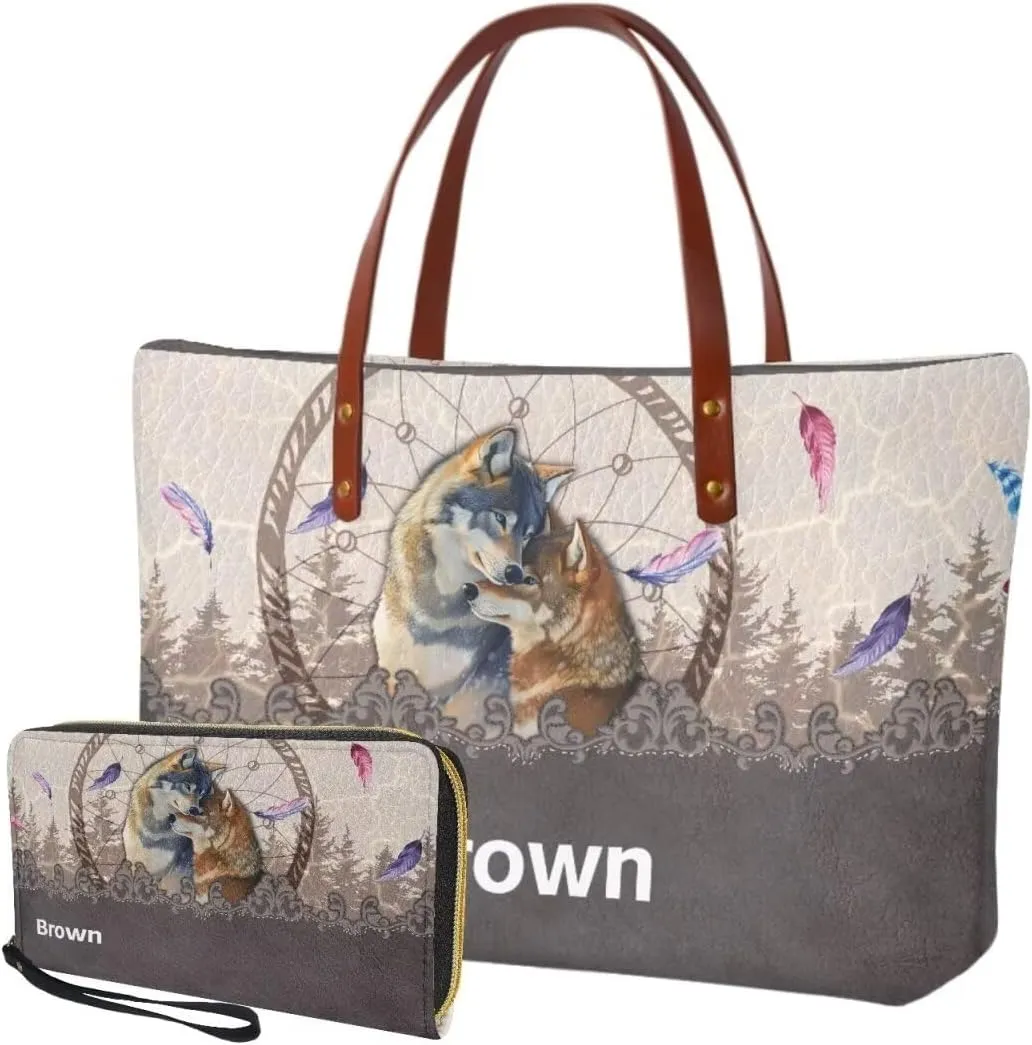 Personalized Handbag with Leather Wallet Set for Women, Custom Name Purse Set Large Top Handle Purse with Wallet