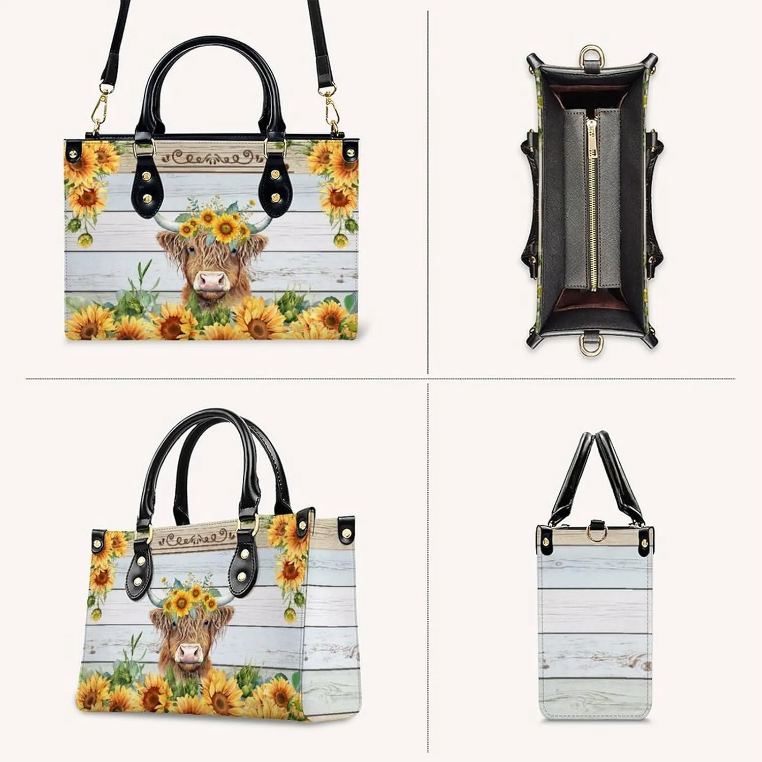 Personalized Leather Handbag for Women, Highland Cow Tote Bag, Casual Sunflower Crossbody Top-Handle Bag, Gifts for Women