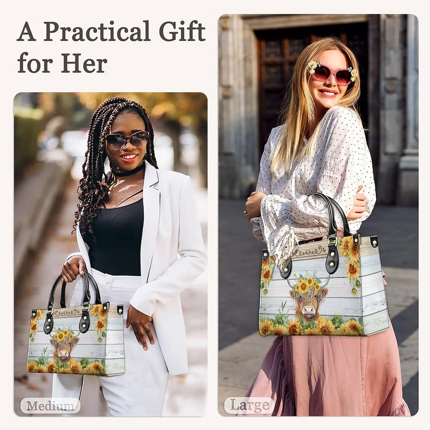 Personalized Leather Handbag for Women, Highland Cow Tote Bag, Casual Sunflower Crossbody Top-Handle Bag, Gifts for Women