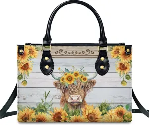 Personalized Leather Handbag for Women, Highland Cow Tote Bag, Casual Sunflower Crossbody Top-Handle Bag, Gifts for Women